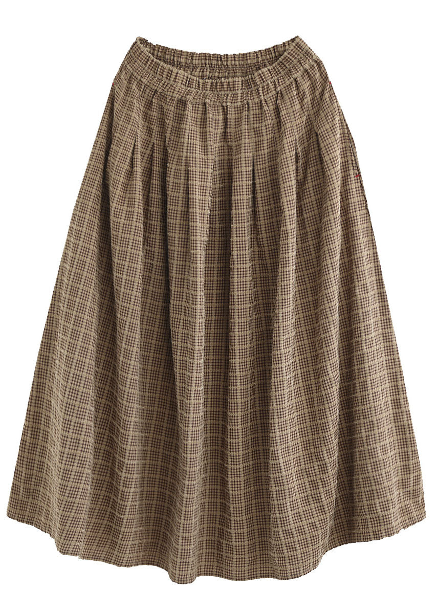 Vintage Khaki elastic waist Pockets Plaid Cotton A Line Skirts Spring