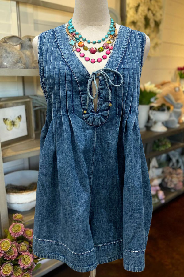 Pleated Detail Denim Mini Romper