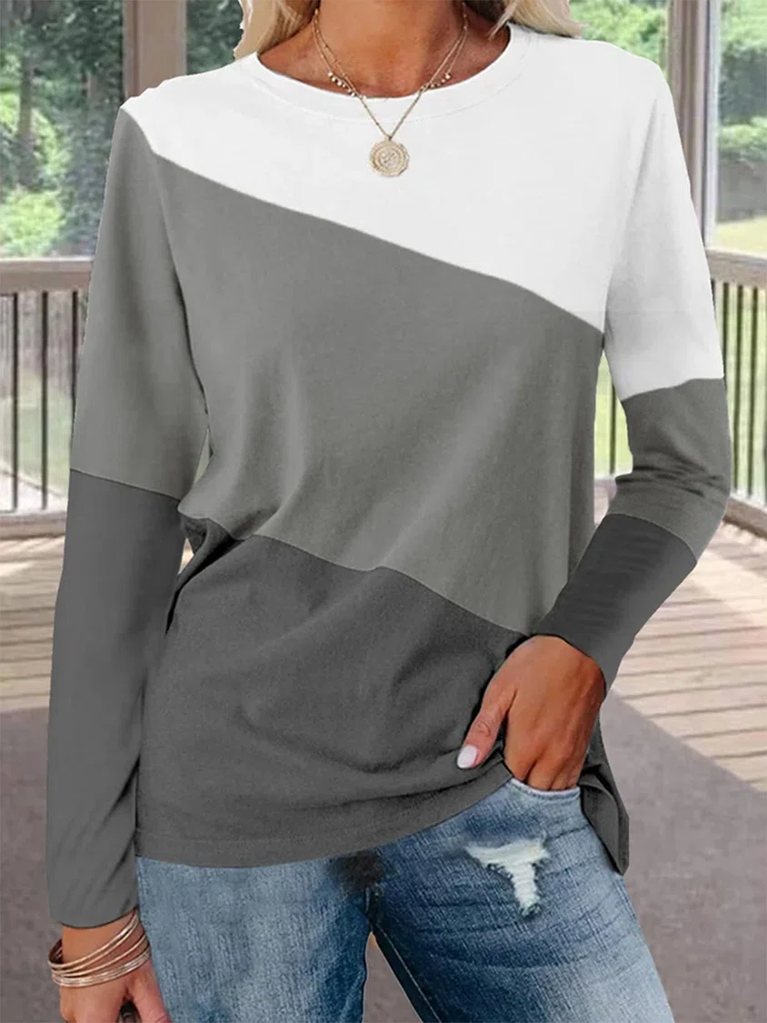 Crew Neck Color Block Casual Long Sleeve T-Shirt/Tee