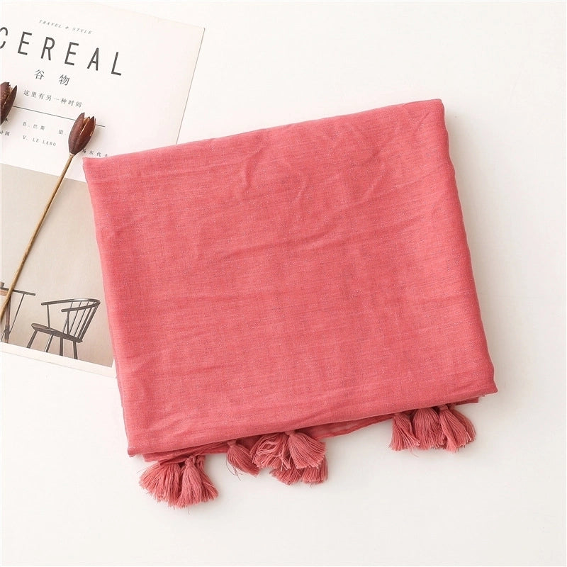 Solid Color Nude Powder Shiny Tassel Cotton Linen Scarf Shawl Long Scarf Silk Sunscreen Shawl