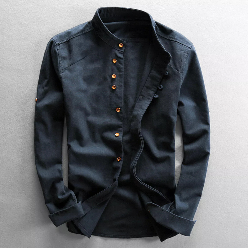 Men's Cotton And Linen Long-Sleeved Stand-Up Collar Shirt