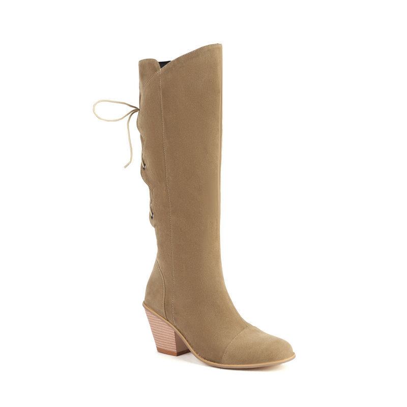 Patchwork Lace Up Round Toe Chunky Heels Knee High Boots