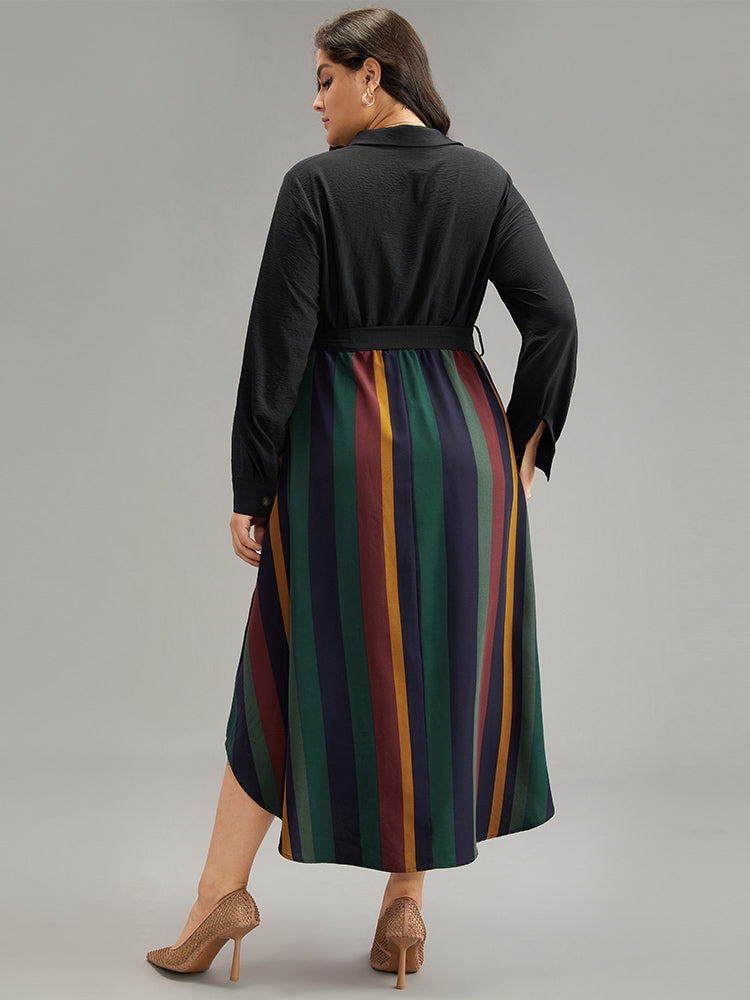 Colour Striped Patchwork Belted Button Through Dress