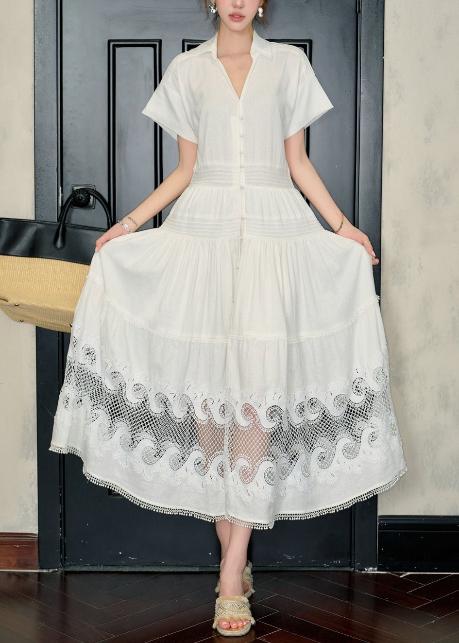 French White Peter Pan Collar Hollow Out Cotton Shirts Dress Summer