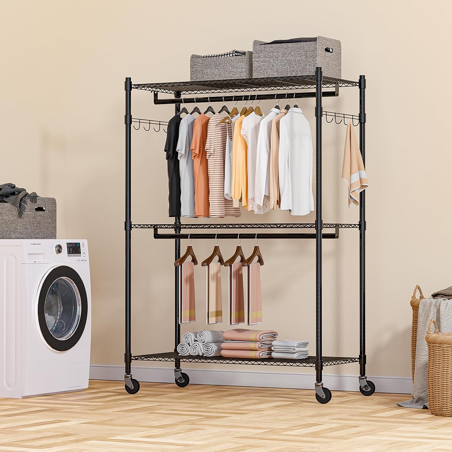 Homdox 3 Tier Heavy Duty Garment Rack with Wheels. Adjustable Wire Clothes Rack with Double Hanging Rods. Portable Closets for Hanging Clothes with Side Hooks. Black