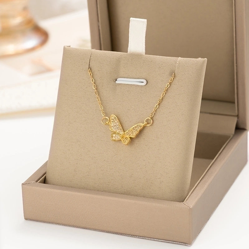 304 Stainless Steel Copper 18K Gold Plated K Gold Plated Inlay Heart Shape Wings Butterfly Zircon Pendant Necklace