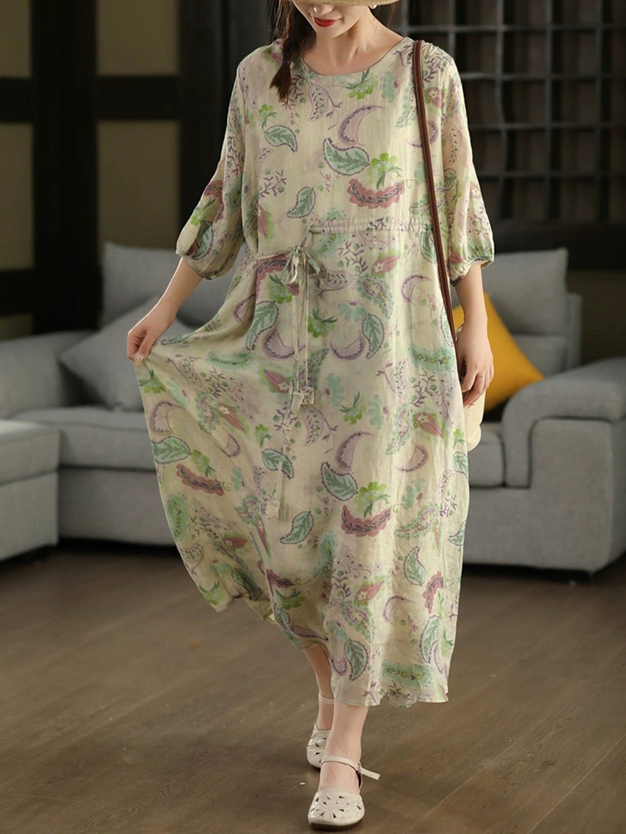 Women Summer Artsy Waist Tie O-Neck 100%Ramie Dress