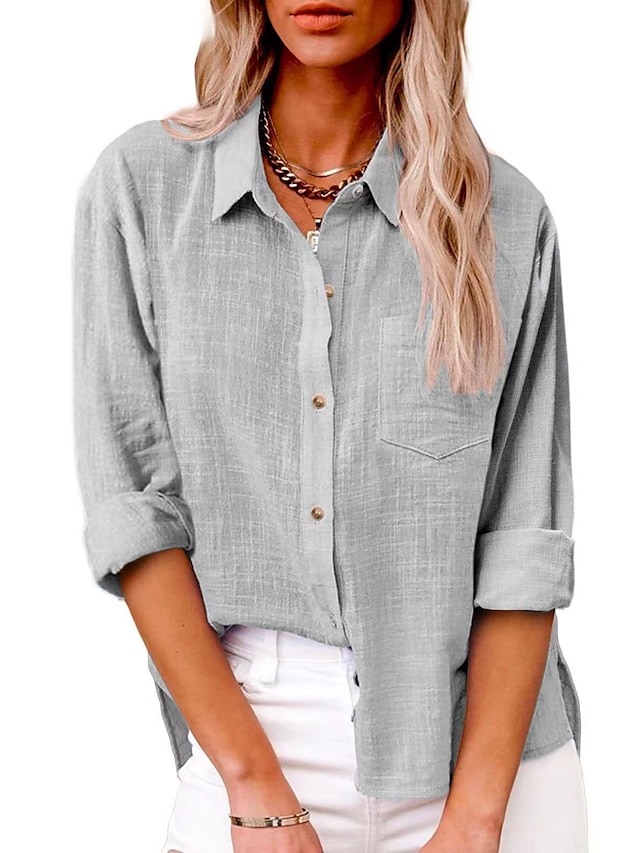 Women's Shirt Blouse Long Cotton Top White Cotton Top Linen Button Pocket Casual Fashion Neon & Bright Long Sleeve Shirt Collar Black Spring &  Fall