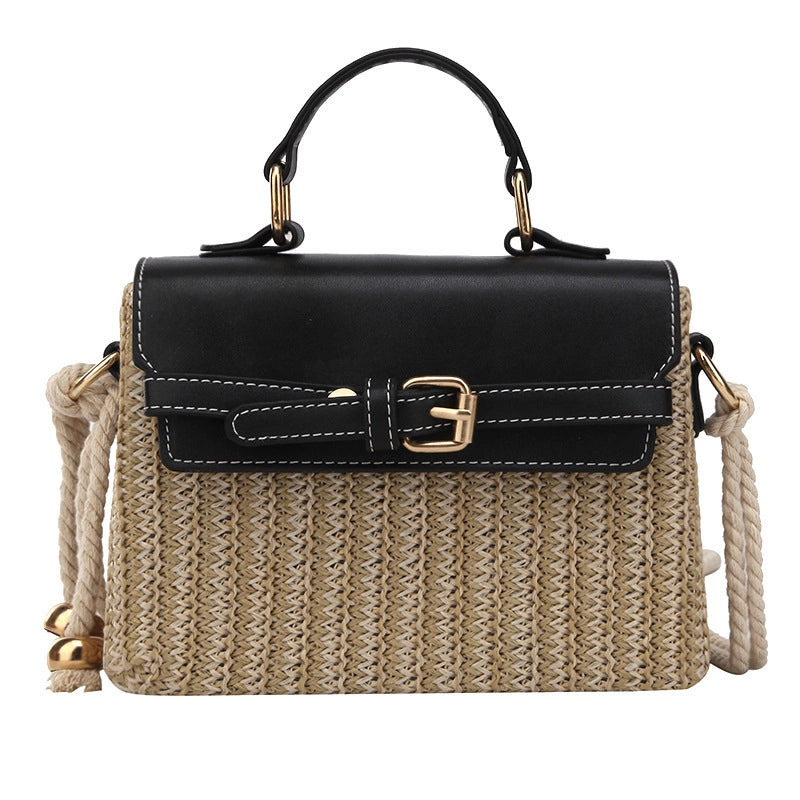 Women's Small Pu Leather Straw Color Block Vacation Classic Style Weave Square Magnetic Buckle Shoulder Bag Handbag Crossbody Bag