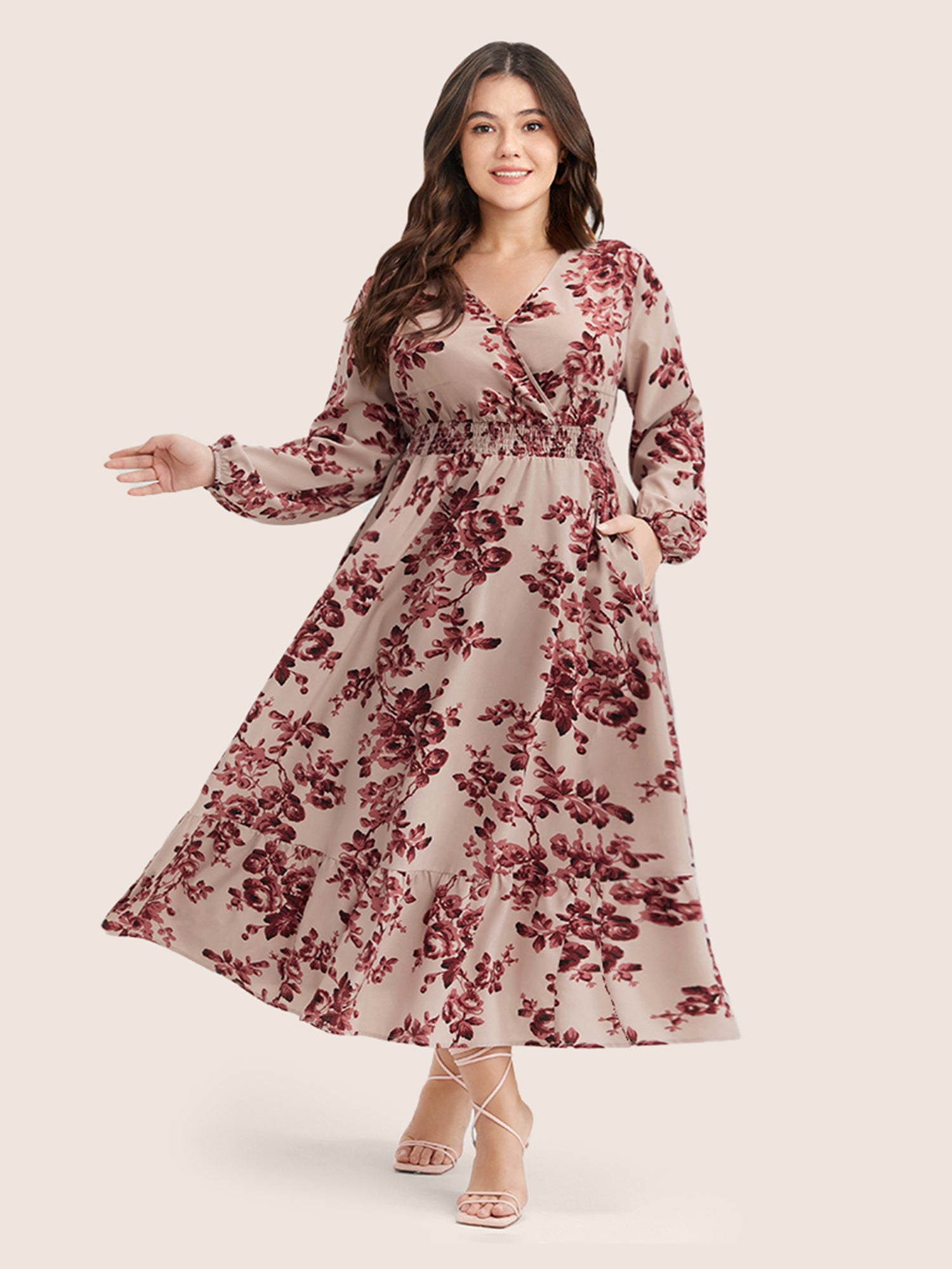 Floral Wrap Lantern Sleeve Pocket Shirred Ruffle Hem Dress