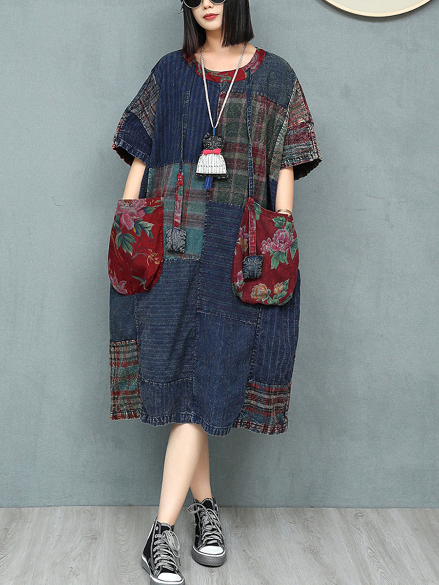 Women Summer Retro Patchwork O-Neck Cotton Dress