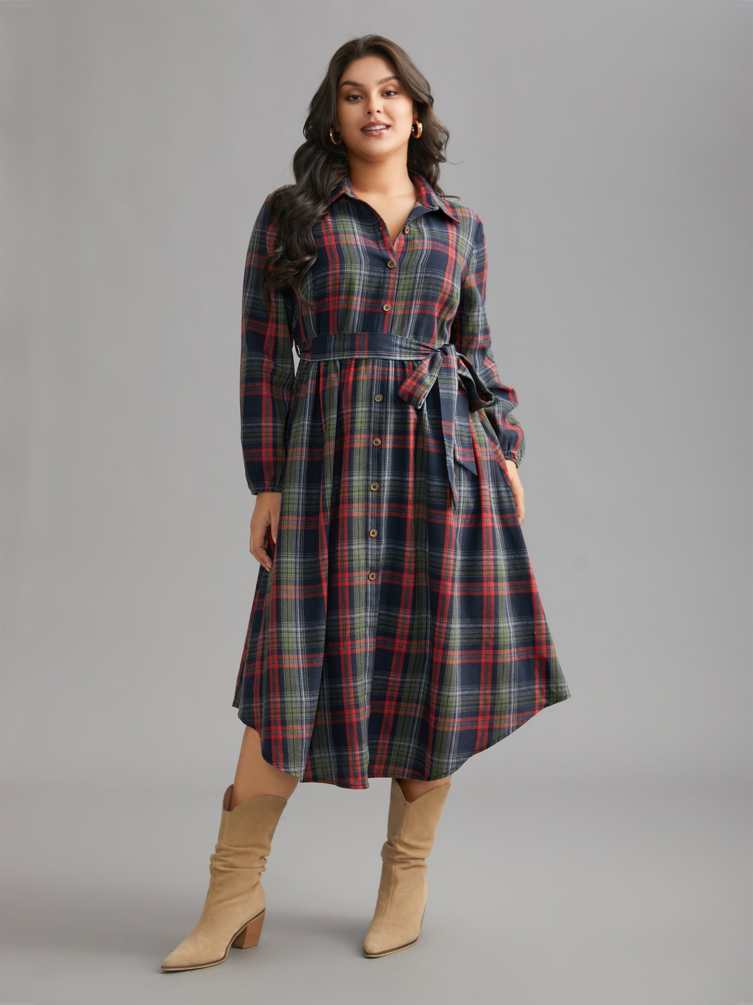 Plaid Button Detail Pocket Belted Arc Hem Dress