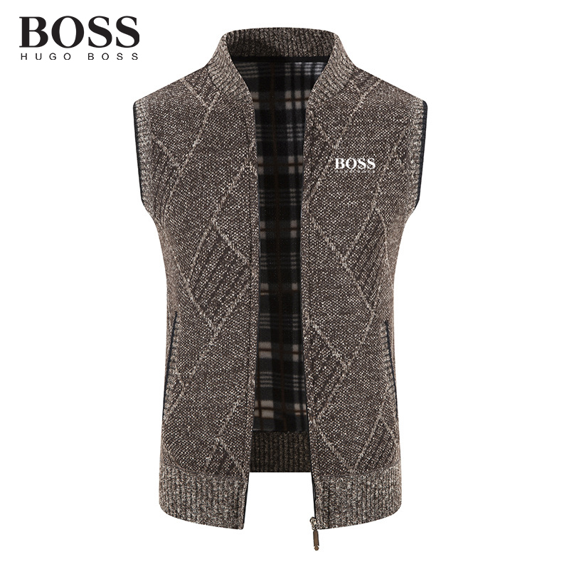 BOSS Men-s Knitted Fleece Thickened Pattern Sleeveless Sweatershirt