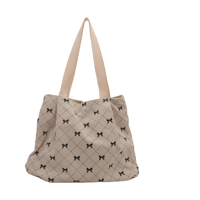 Women's Medium Canvas Bow Knot Classic Style Streetwear Square Zipper Shoulder Bag Tote Bag