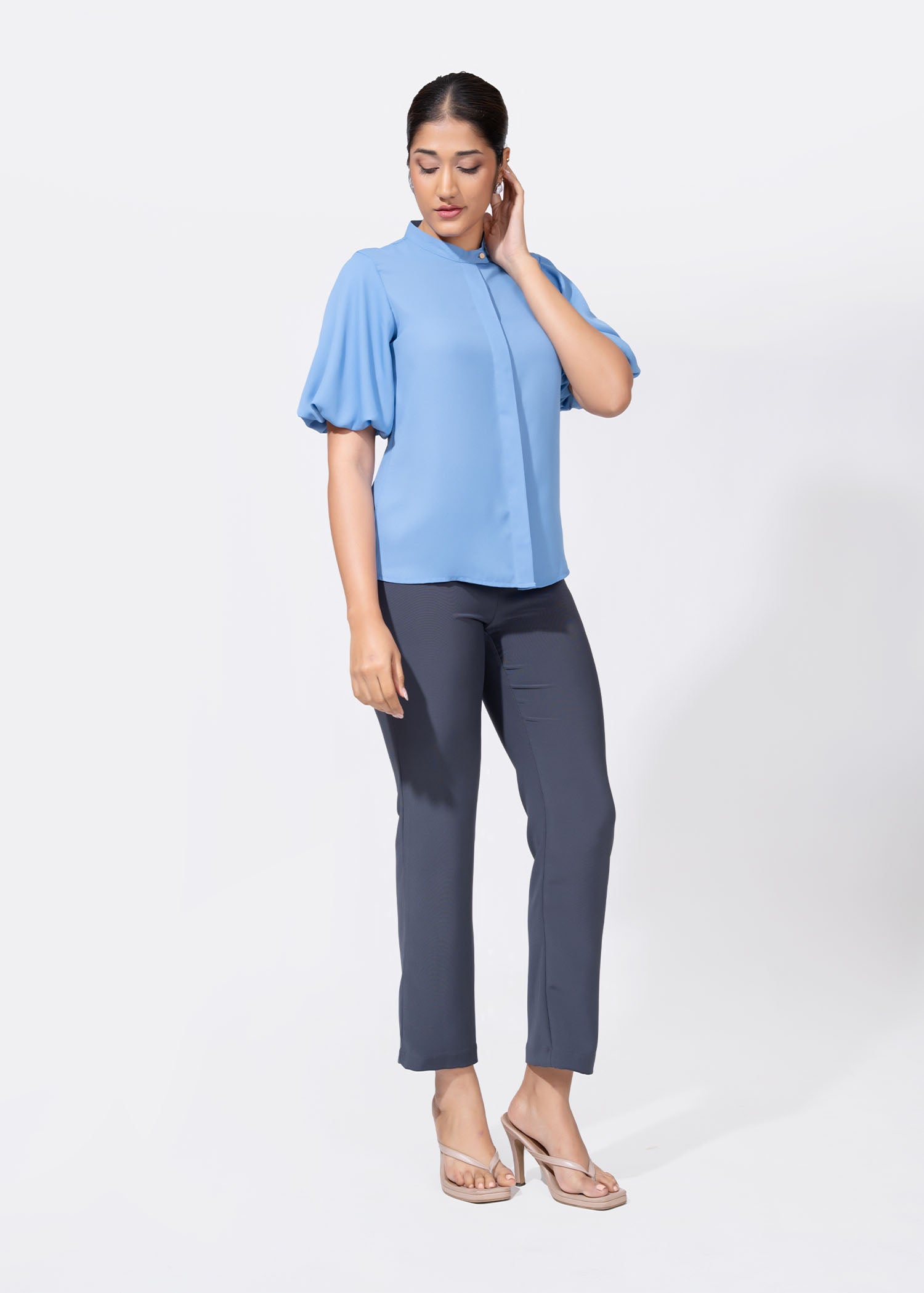 High Neck Blouse With Bubble Hem Sleeve