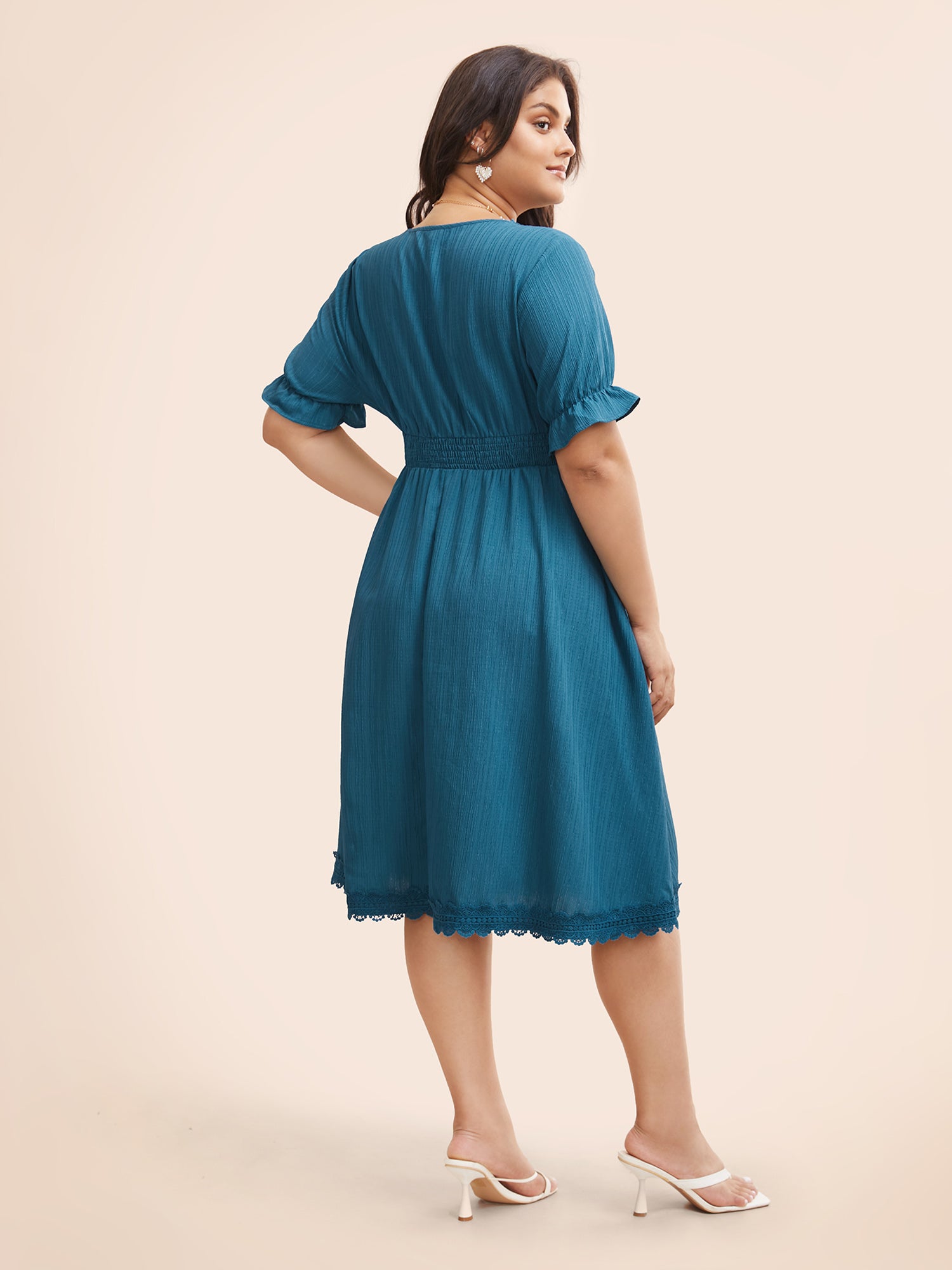 Plain Ruffle Sleeve Woven Ribbon Dress