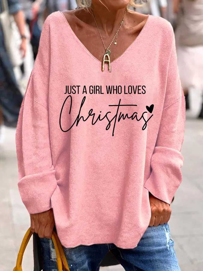 Women's Just A Girl Who Loves Christmas Print V-Neck T-Shirt