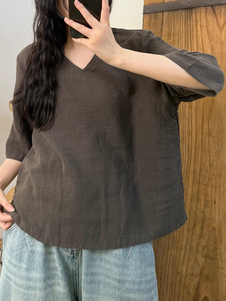 Women Summer Retro Pure Color V-Neck Linen Shirt