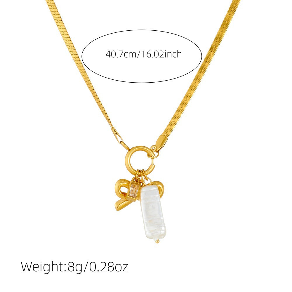 Fashion Retro Gold-Plated Stainless Steel Chain Bow Heart Pearl Pendant Accessories Necklace