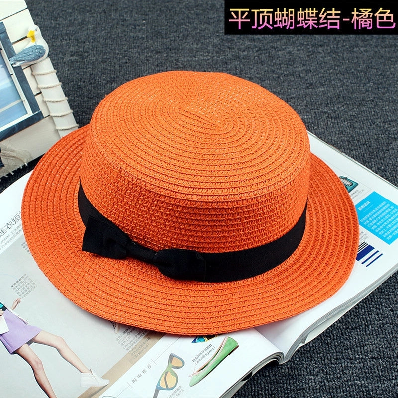 Straw Hat Sun Hat Trendy Women Summer Bow Straw Flat Top Hat