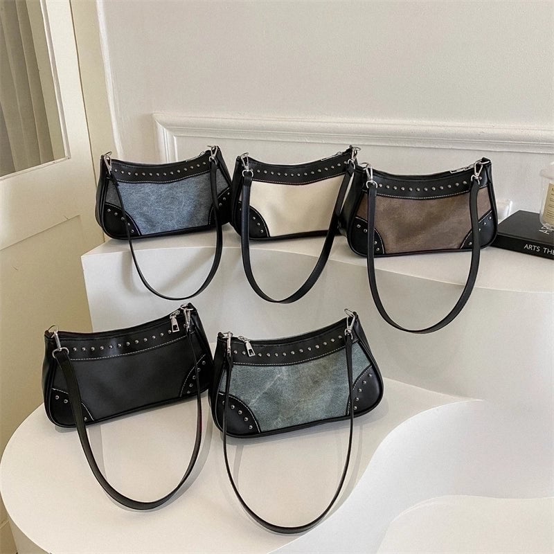 Women's Pu Leather Color Block Vintage Style Semicircle Zipper Shoulder Bag
