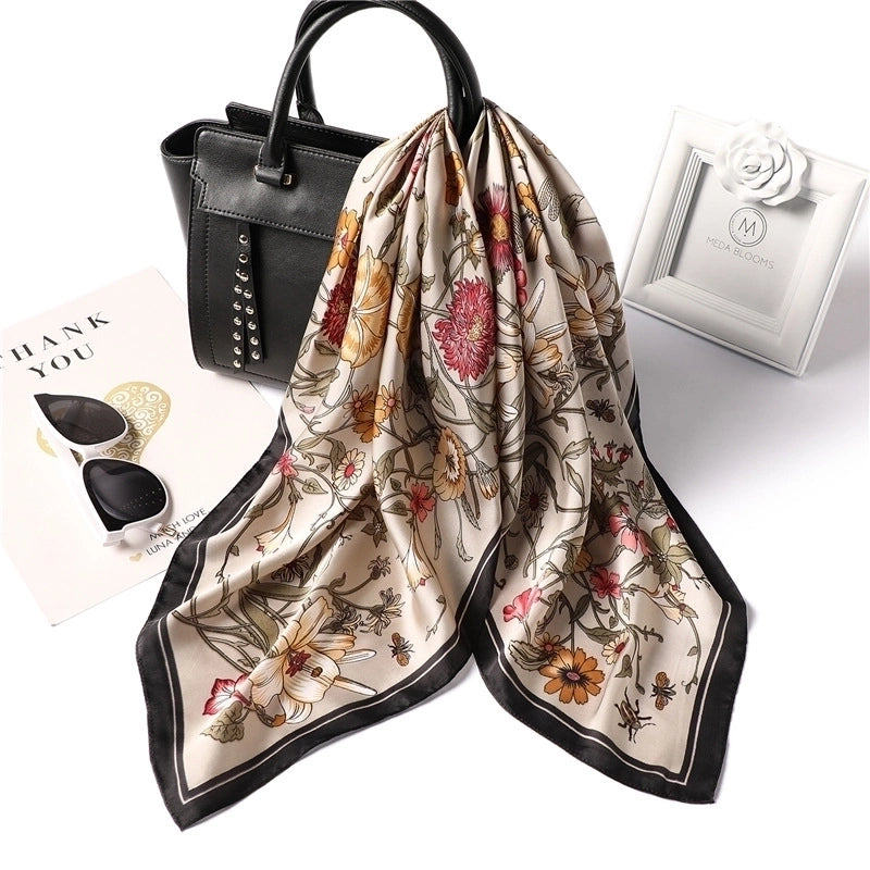 Women's Elegant Flower Satin Printing Silk Scarf