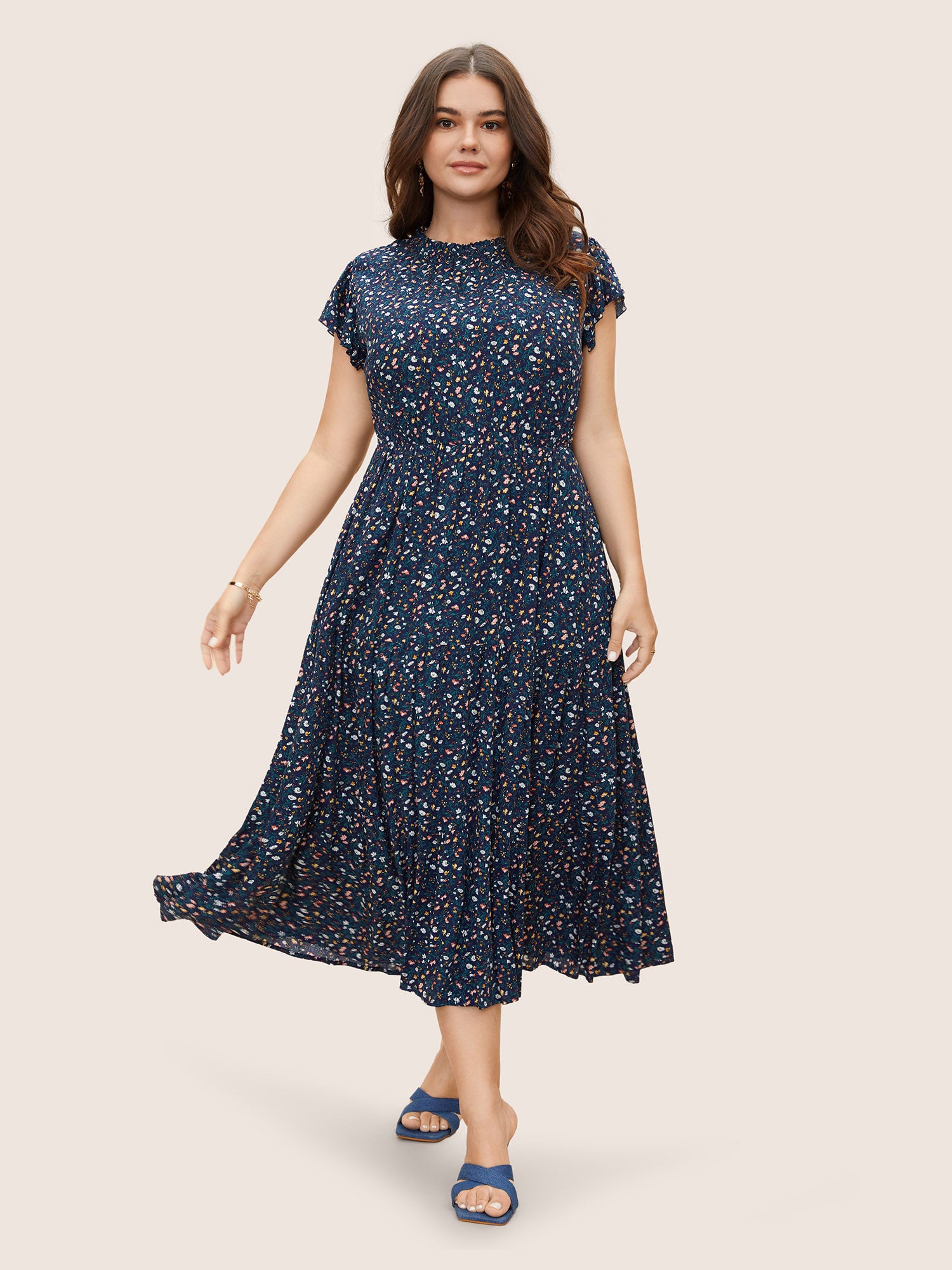 Ditsy Floral Ruffle Cap Sleeve Dress