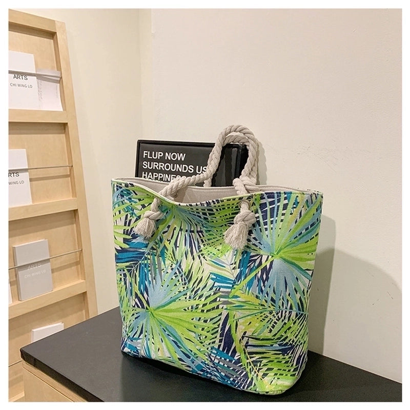 Women's Medium Canvas Leaves Butterfly Beach Square Zipper Beach Bag