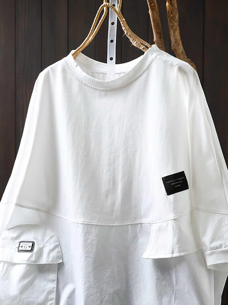 Women Summer Pocket Pure Color O-Neck Cotton Shirt