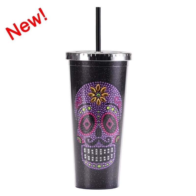 New Double-layer Plastic Straw Cup Creative Halloween Skull Head Large Capacity Drink Cup
