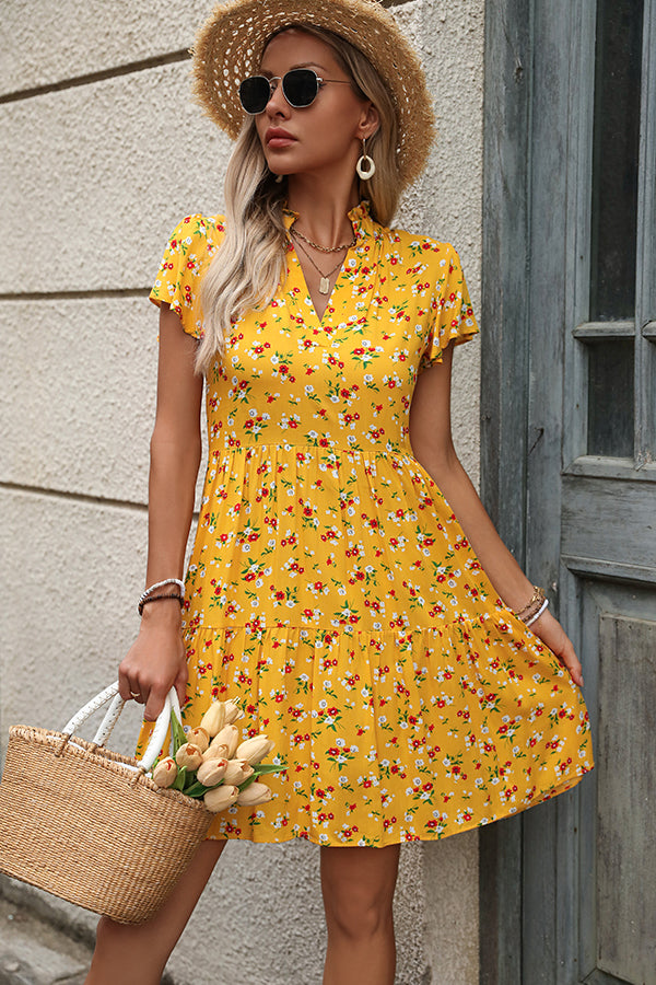 Fashion Floral Print V Neck Cute Mini Dress
