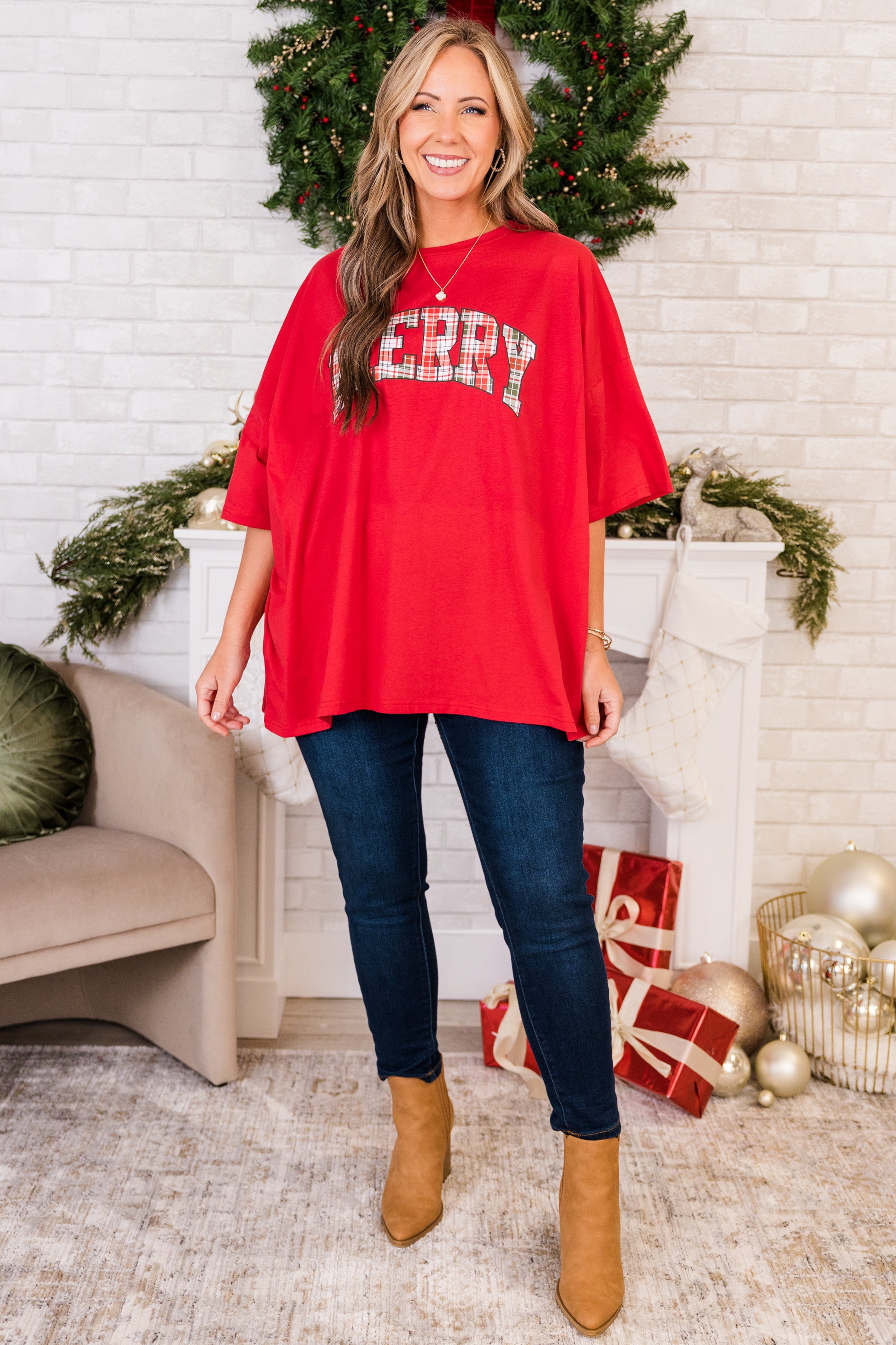 Merry and Plaid Boyfriend Tee. Red