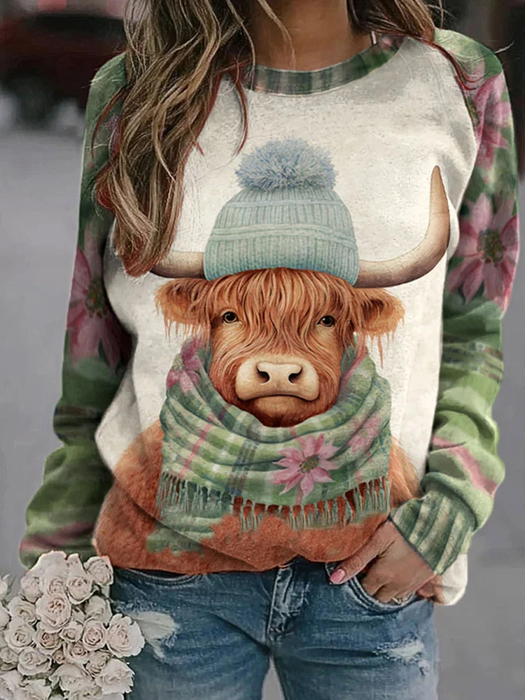 Winter West Highland Cow Floral Plaid Print Sweatshirt