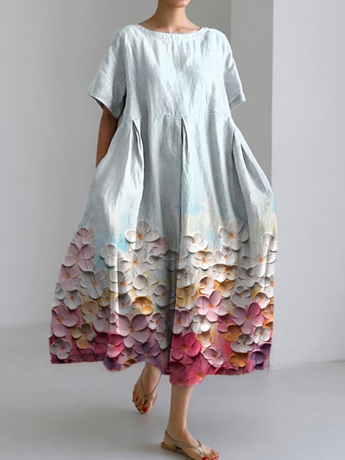 Spring And Summer New Ethnic Wind Printed Mid -Length Loose Dress