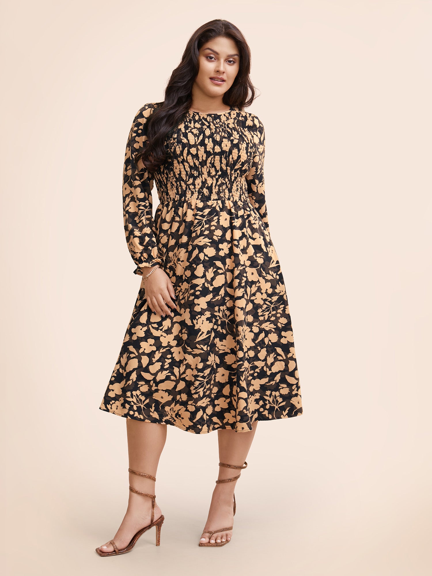 Silhouette Floral Print Shirred Frill Trim Dress