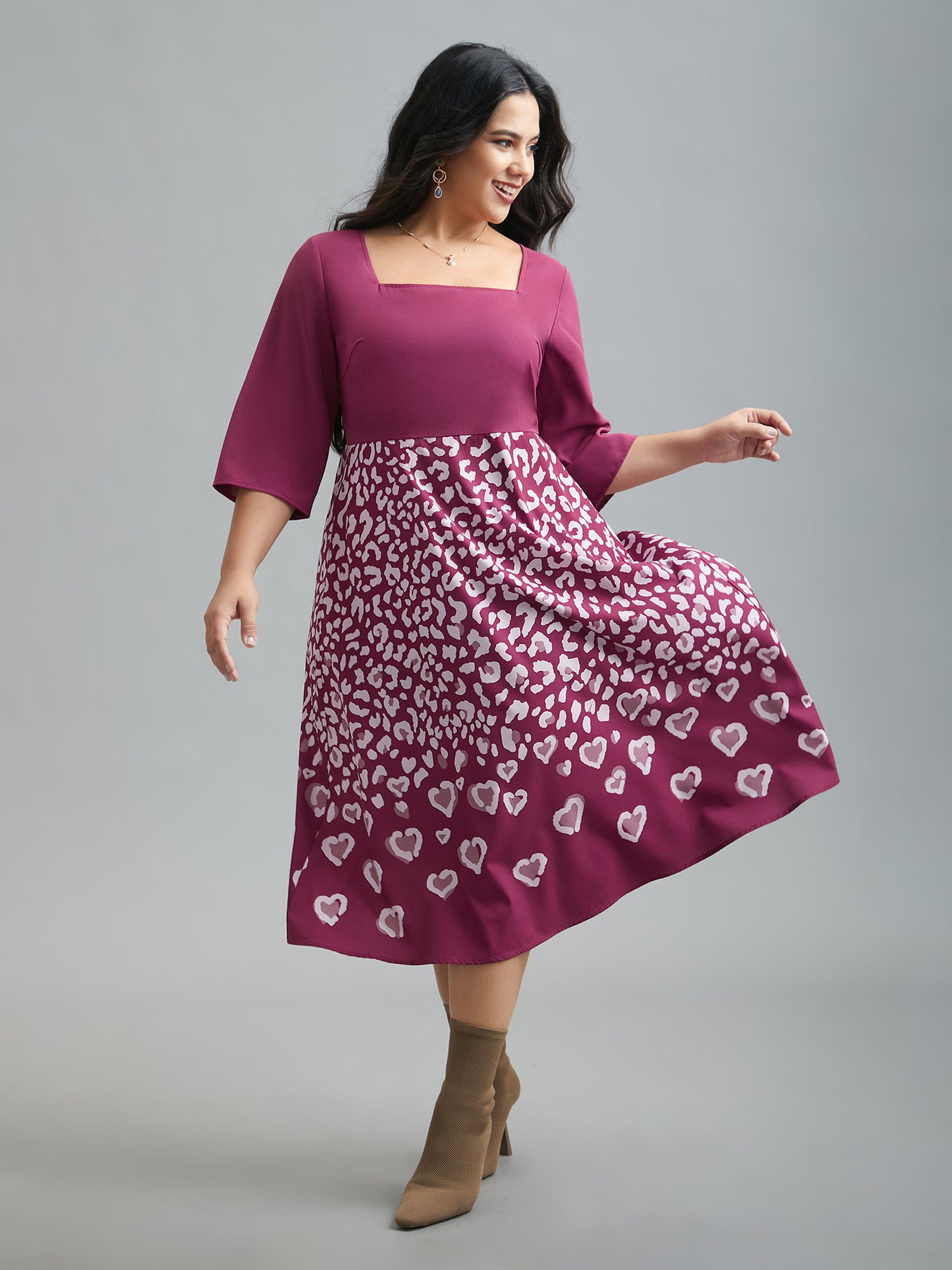 Square Neck Contrast Boho Print Midi Dress