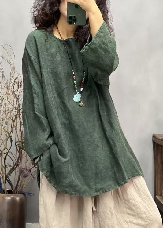 Loose Red O Neck Side Ppen Linen T Shirts Fall