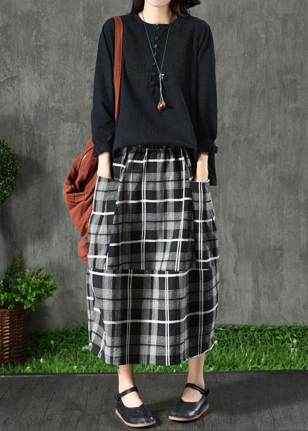 Vintage Black Plaid Pockets Patchwork A Line Fall Skirts