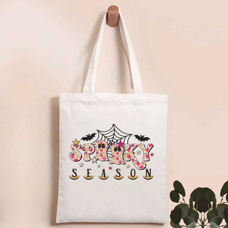 Halloween Women's Canvas Pumpkin Letter Cute Square Open Canvas Bag