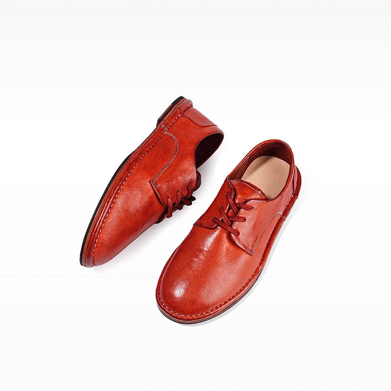 Handmade Stitching Lightweight Horse Leather Oxford Shoes Lace-Up Casual Shoes in Black/Red