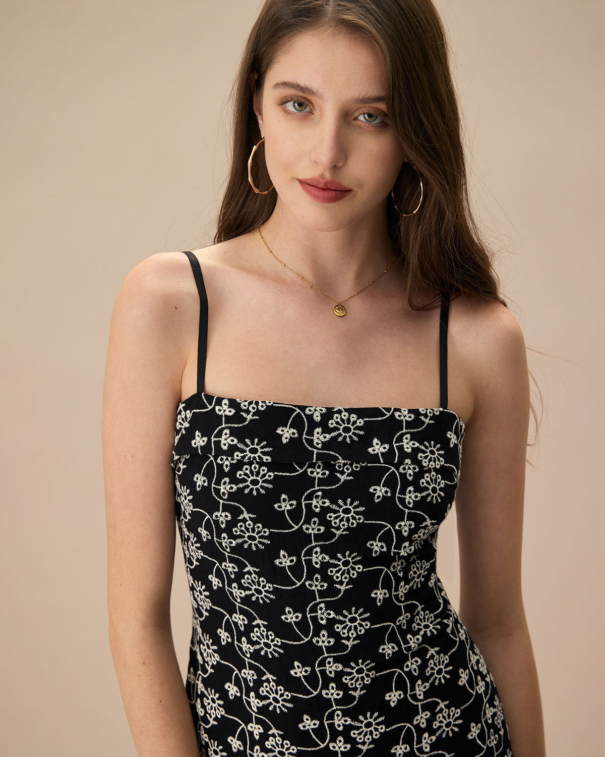 The Black Floral Embroidery Cotton Slip Mini Dress