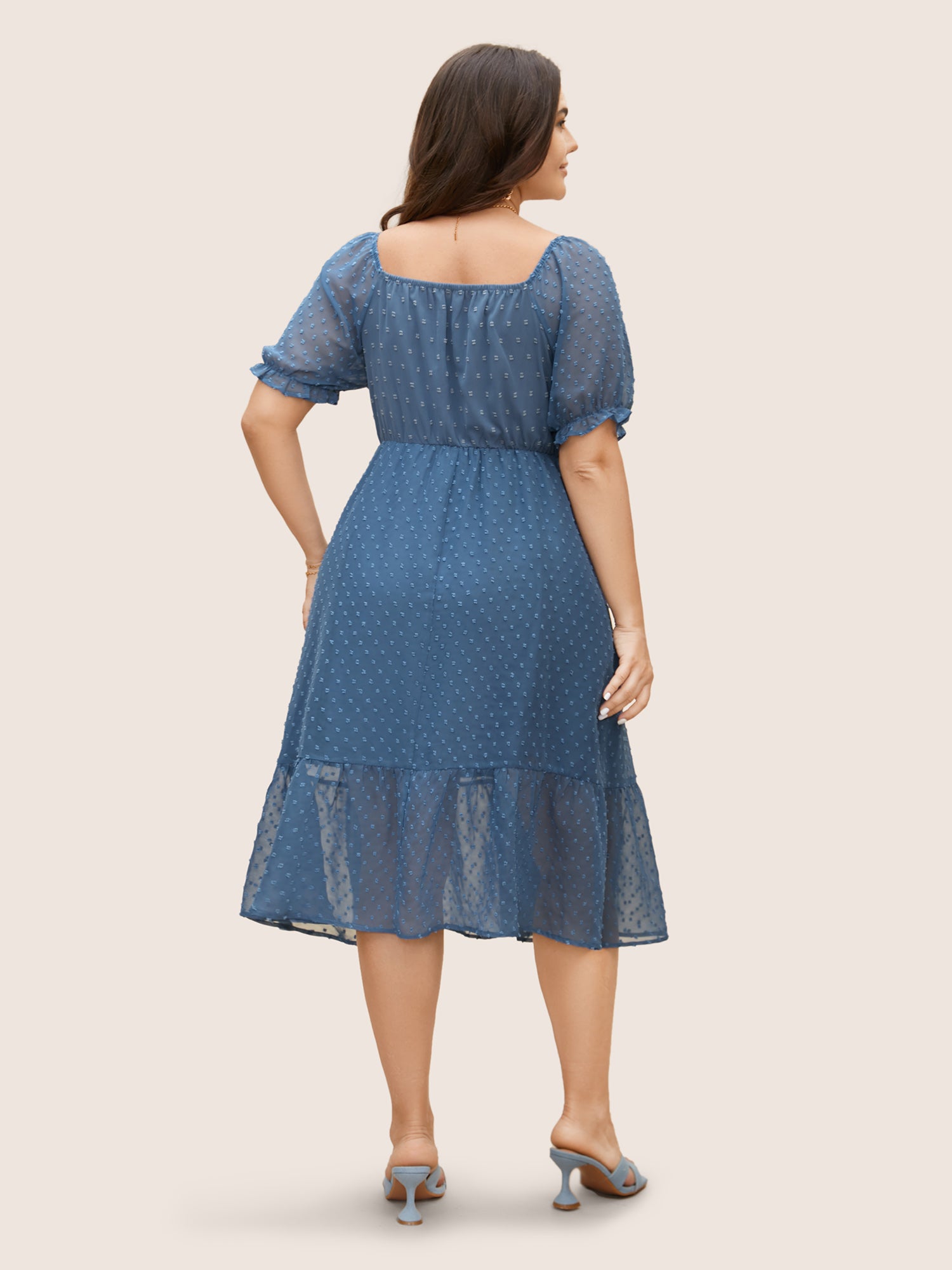 Polka Dot Textured Mesh Shirred Drawstring Dress