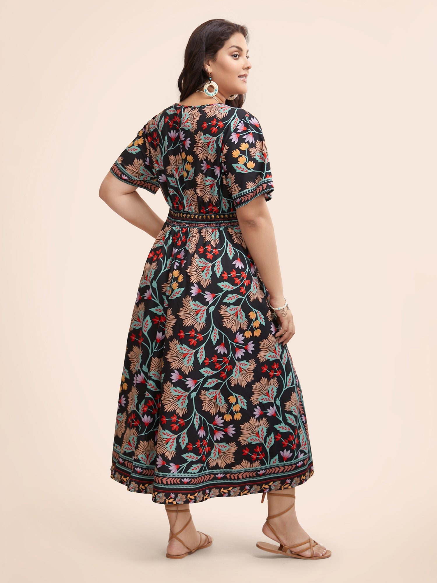 Boho Print Shirred Pocket Midi Dress