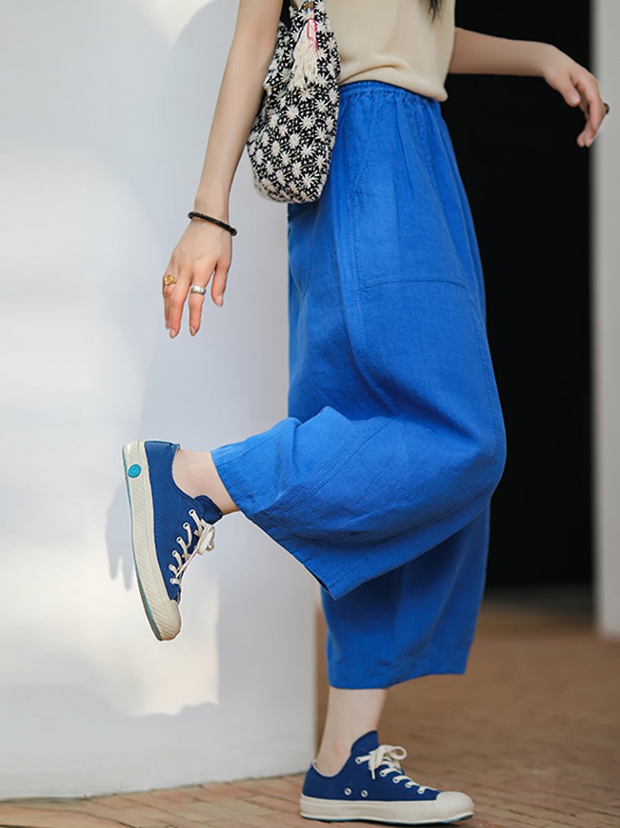 Women Summer Casual Pure Color 100%Linen Bloomers