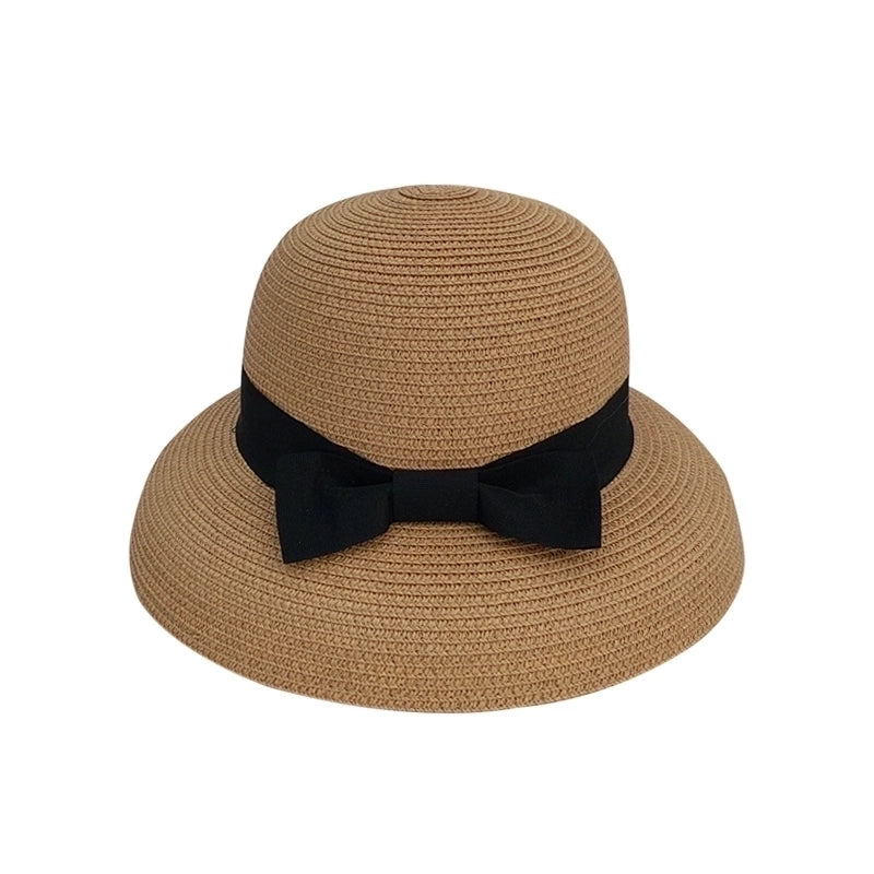 Women's Pastoral Solid Color Bowknot Wide Eaves Straw Hat