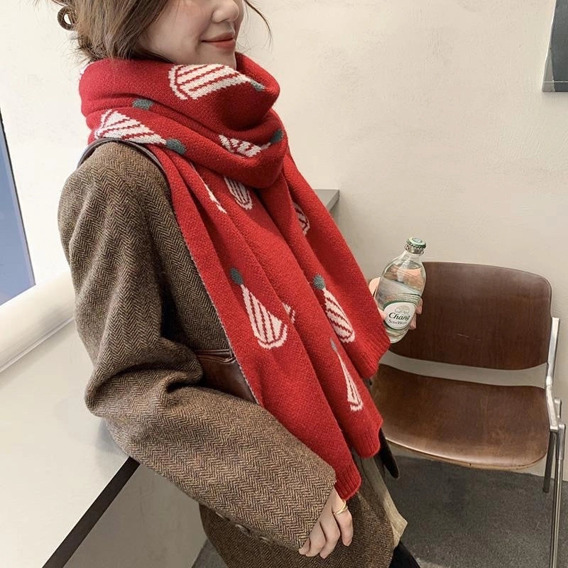 Christmas Gift Red Christmas Hat Wool Scarf Women's Winter Warm  Versatile Knitted Scarf Student