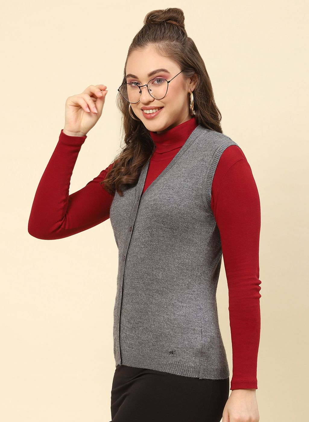 Women Grey Solid Modal Nylone Cardigan