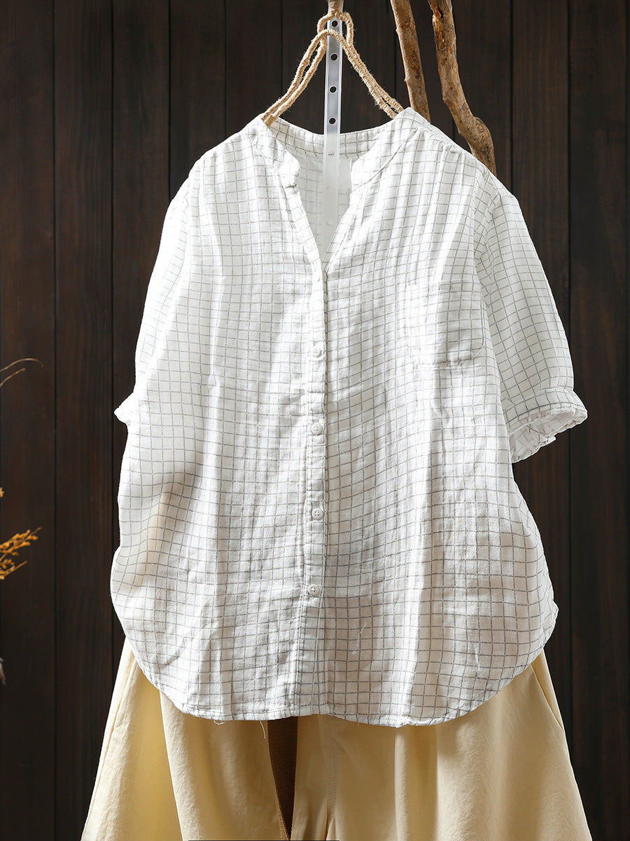 Women Summer Artsy Stripe Plaid 100%Cotton Shirt