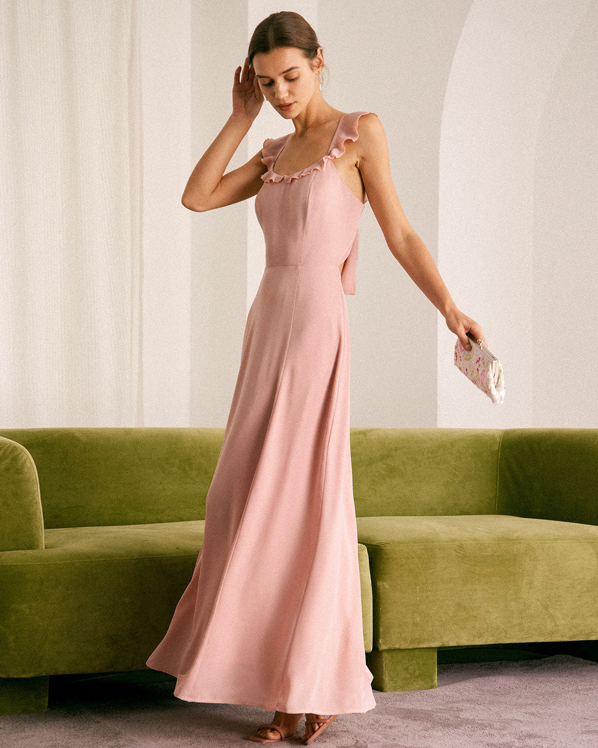 The Pink Ruffled Sleeveless Slit Maxi Dress