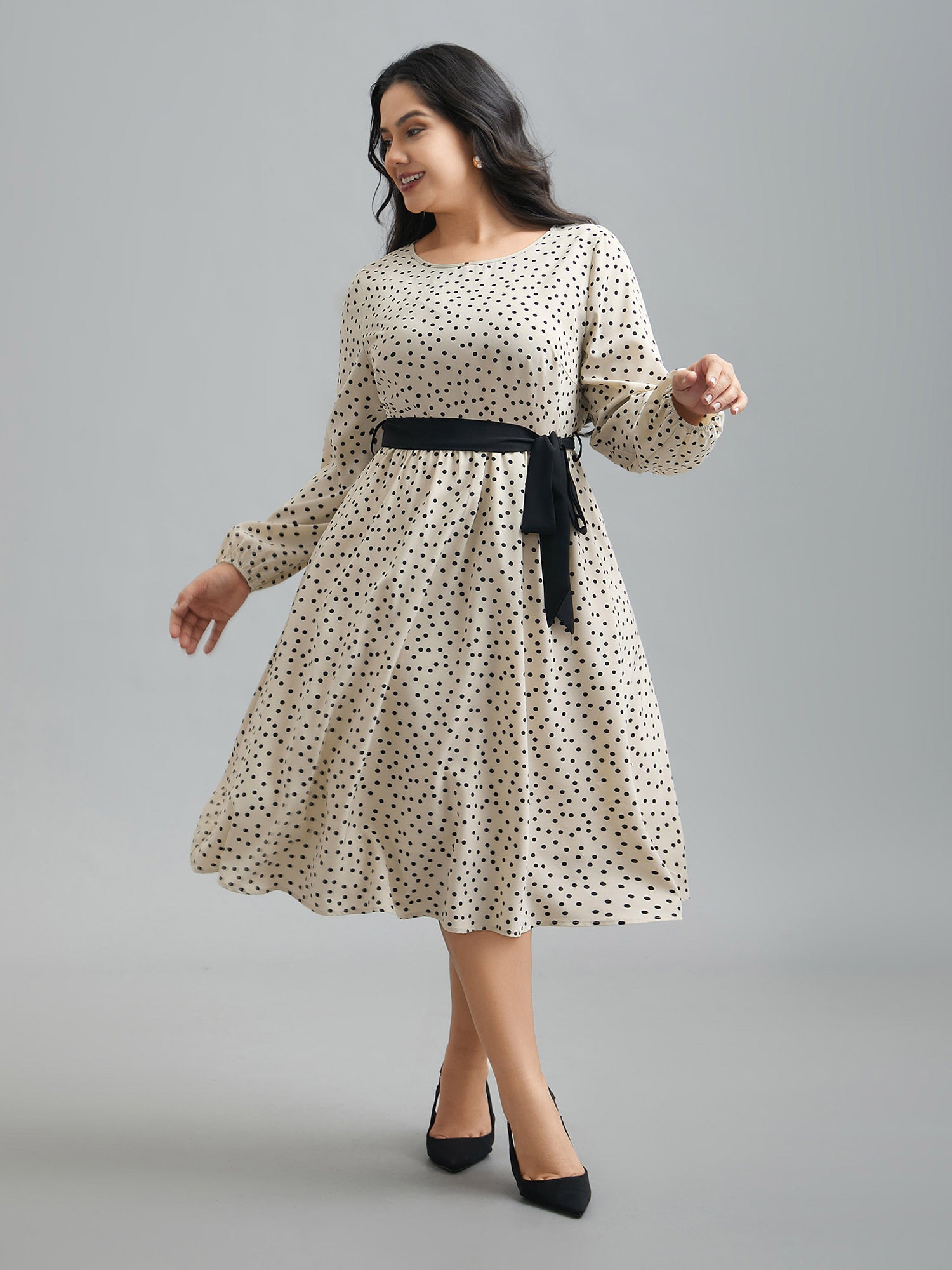 Round Neck Polka Dot Waist-Tie Midi Dress